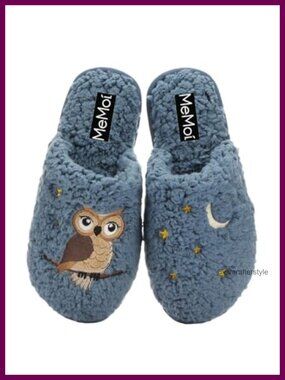 Fuzzy Plush Hard Bottom Slippers Night Owl Embroidered House Shoes